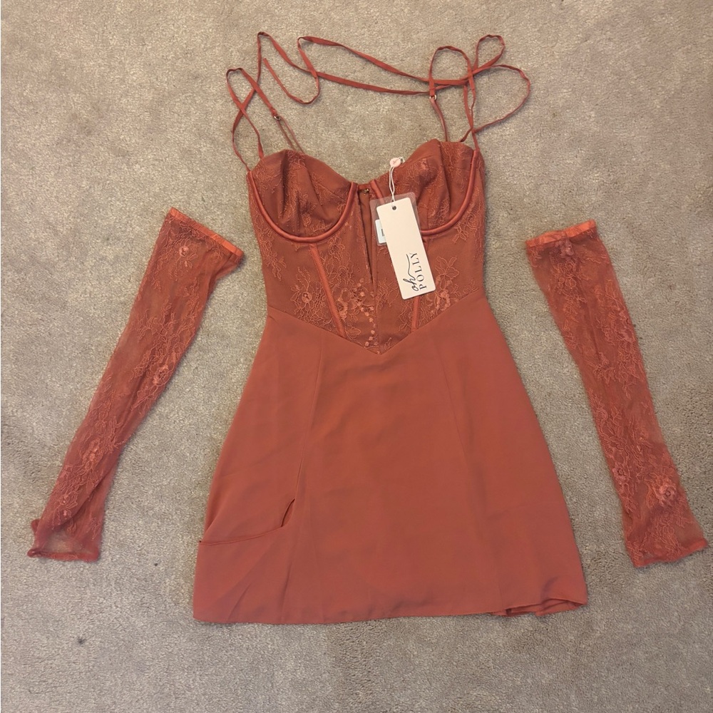 Oh Polly Terricotta Lace Mini Dress with Sleeves
